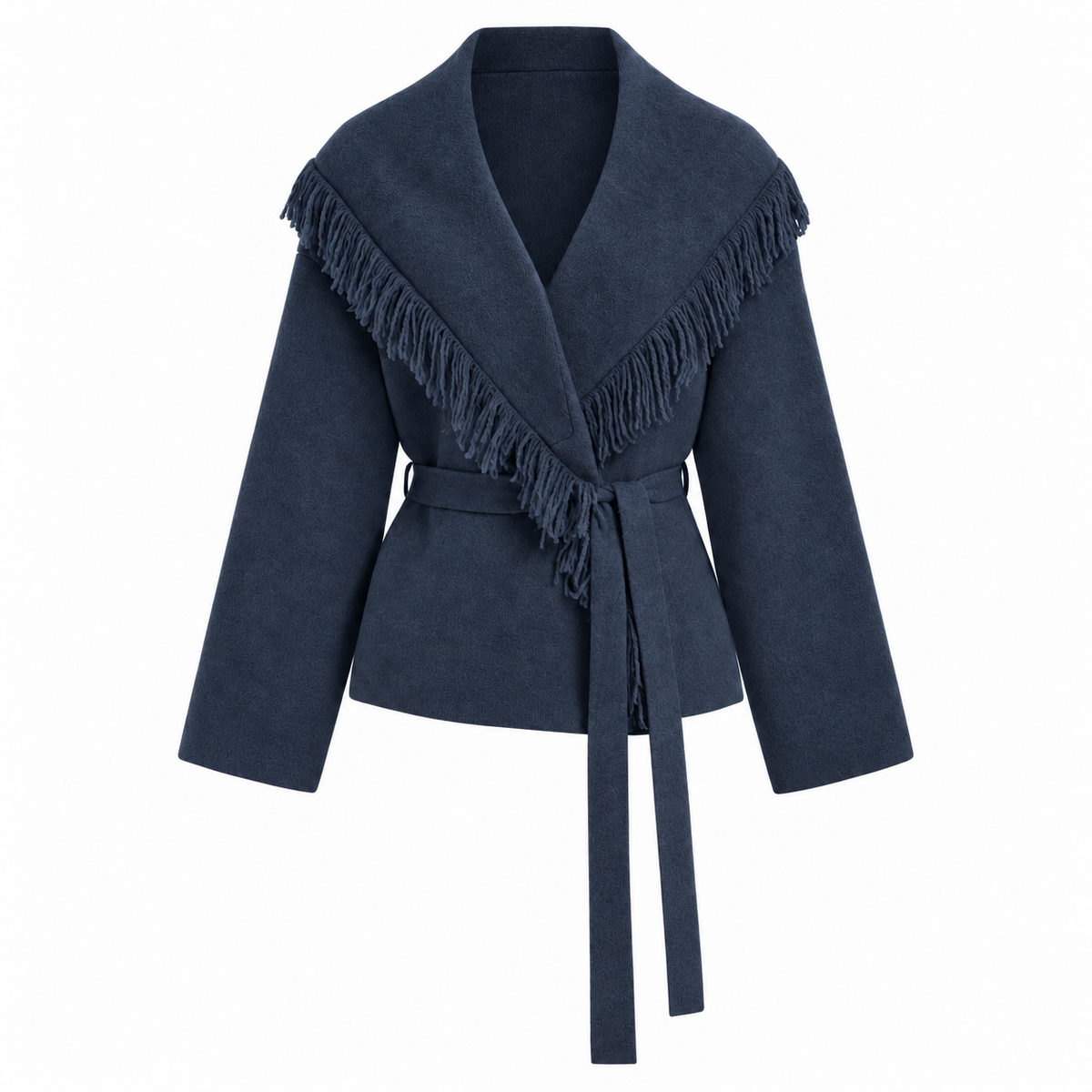 Fringed Wool-blend Knit Wrap Cardigan With Belt