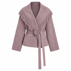 Fringed Wool-blend Knit Wrap Cardigan With Belt