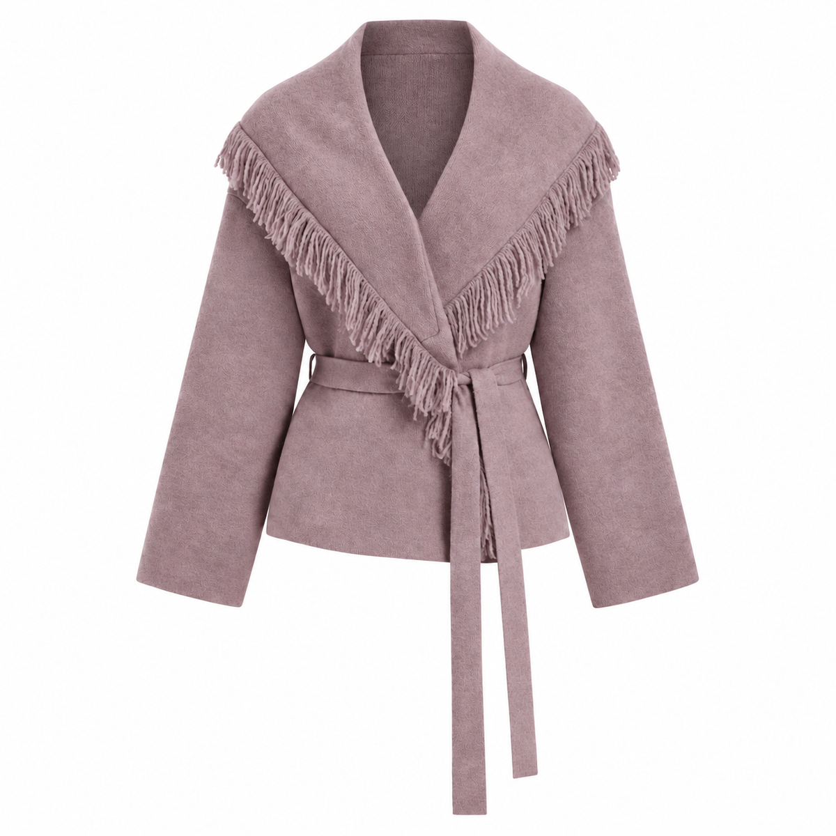Fringed Wool-blend Knit Wrap Cardigan With Belt