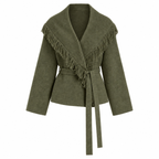 Fringed Wool-blend Knit Wrap Cardigan With Belt