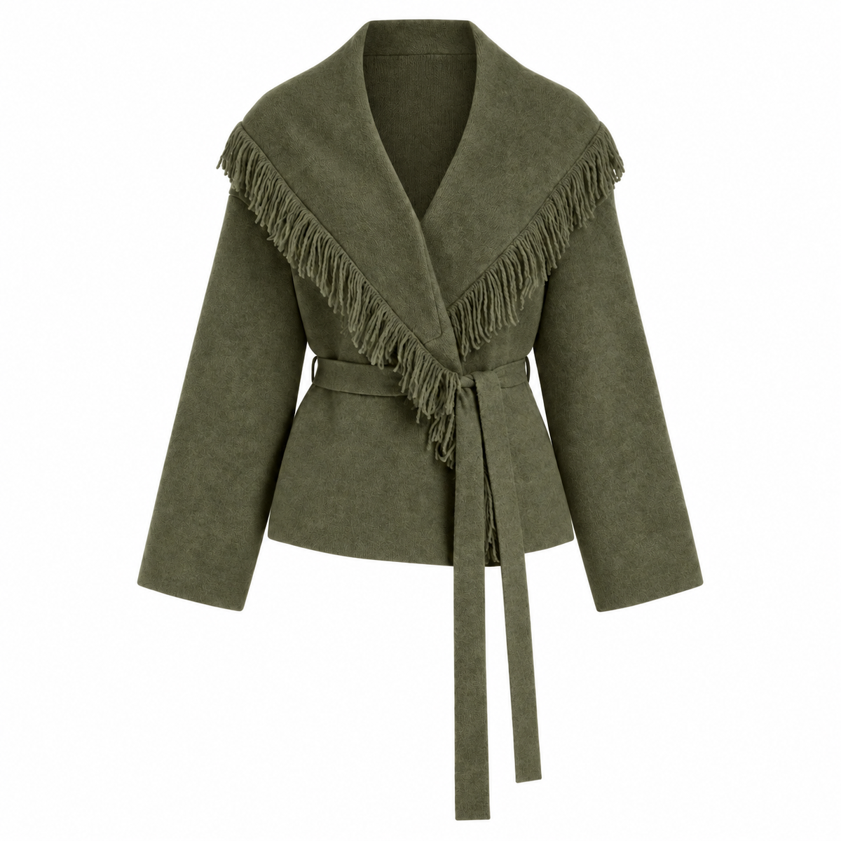 Fringed Wool-blend Knit Wrap Cardigan With Belt