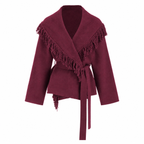 Fringed Wool-blend Knit Wrap Cardigan With Belt