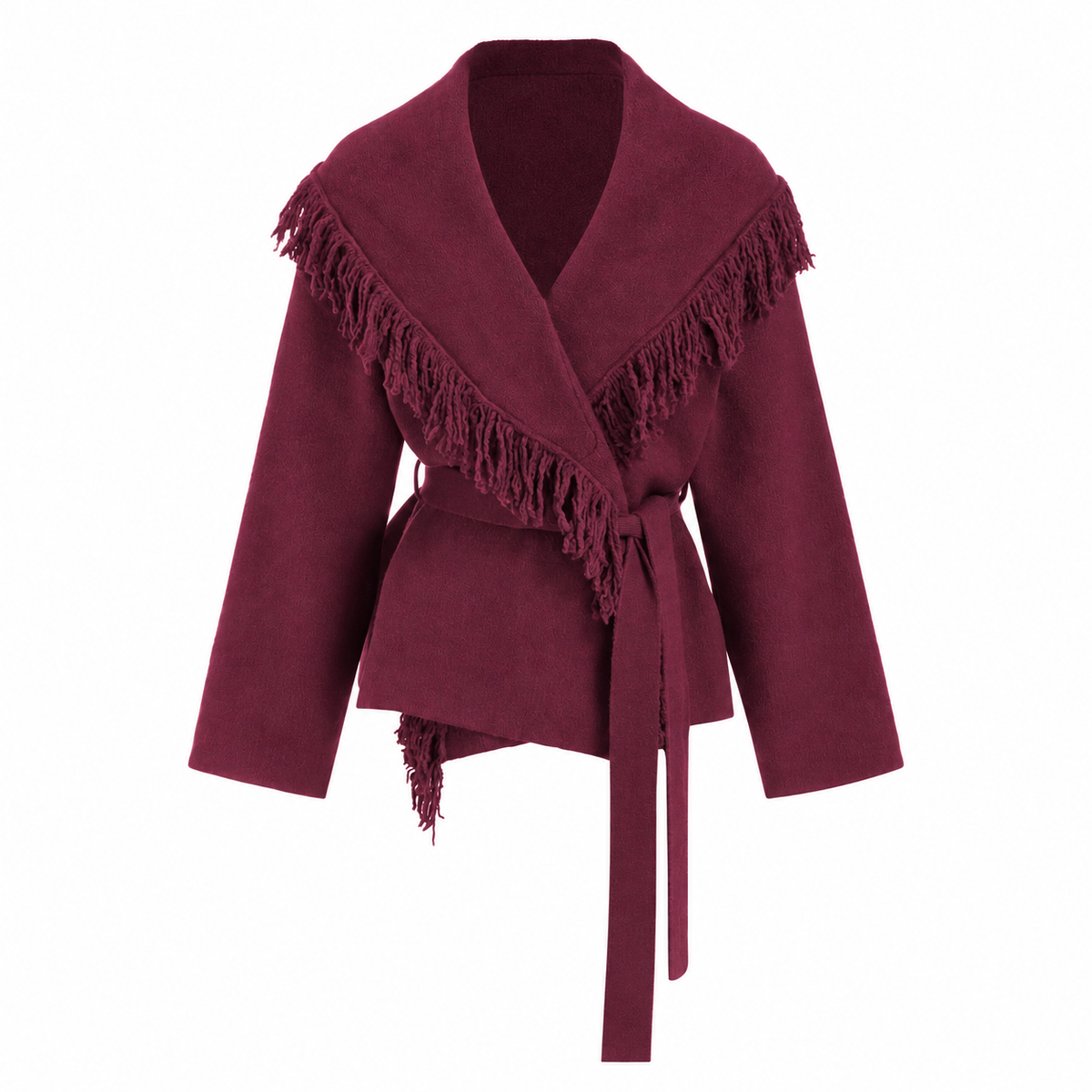 Fringed Wool-blend Knit Wrap Cardigan With Belt