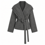 Fringed Wool-blend Knit Wrap Cardigan With Belt