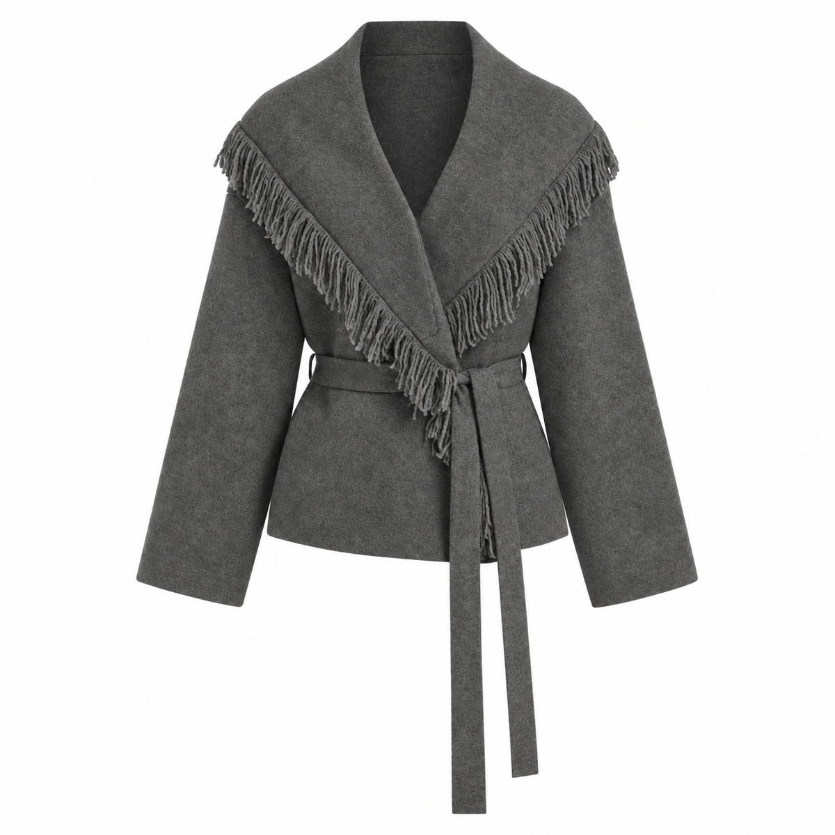 Fringed Wool-blend Knit Wrap Cardigan With Belt