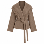 Fringed Wool-blend Knit Wrap Cardigan With Belt