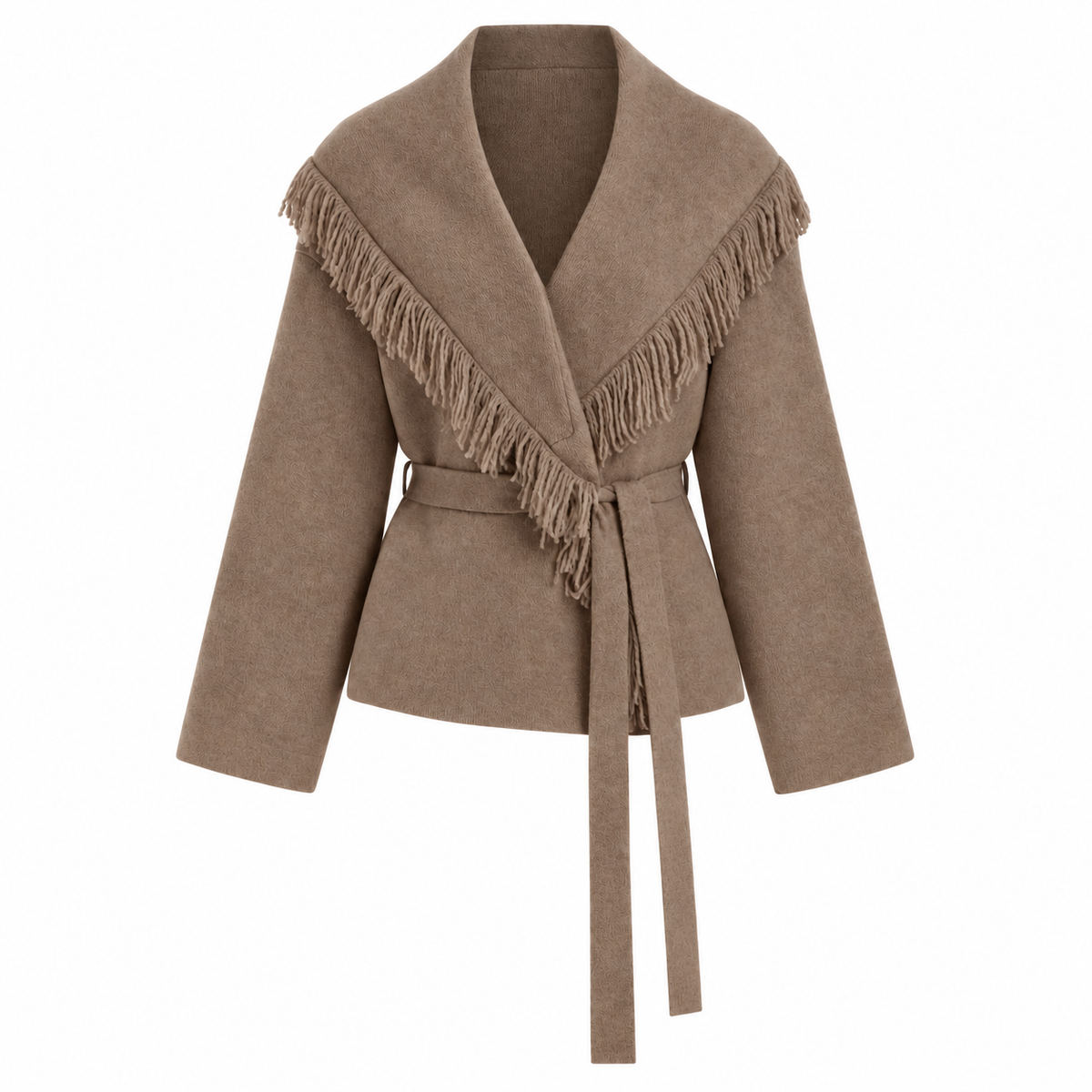 Fringed Wool-blend Knit Wrap Cardigan With Belt