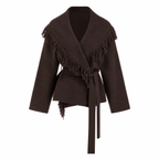 Fringed Wool-blend Knit Wrap Cardigan With Belt
