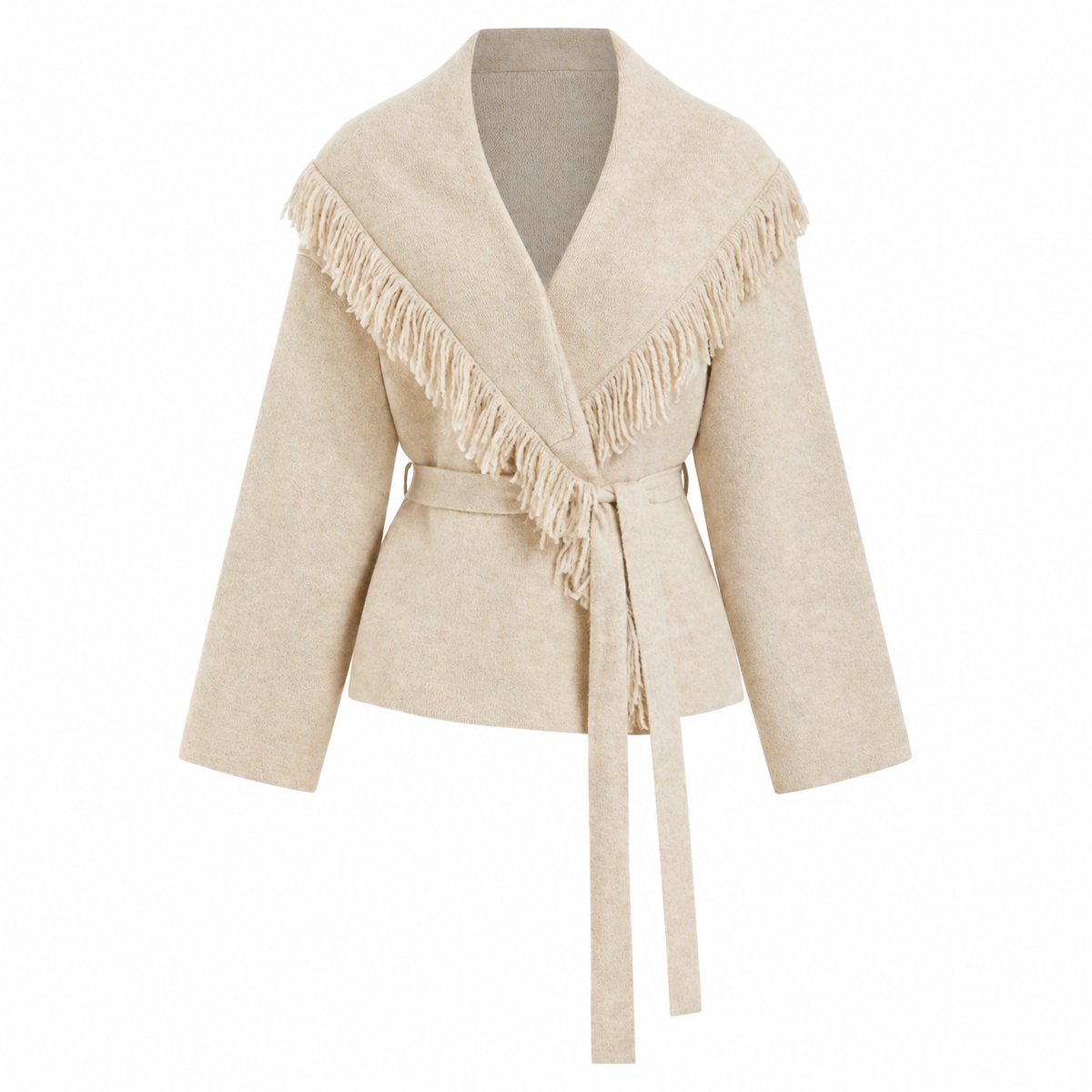 Fringed Wool-blend Knit Wrap Cardigan With Belt