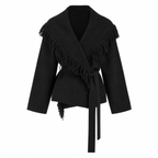 Fringed Wool-blend Knit Wrap Cardigan With Belt