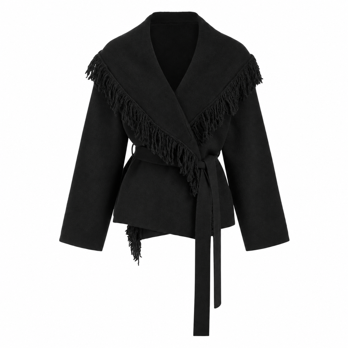 Fringed Wool-blend Knit Wrap Cardigan With Belt